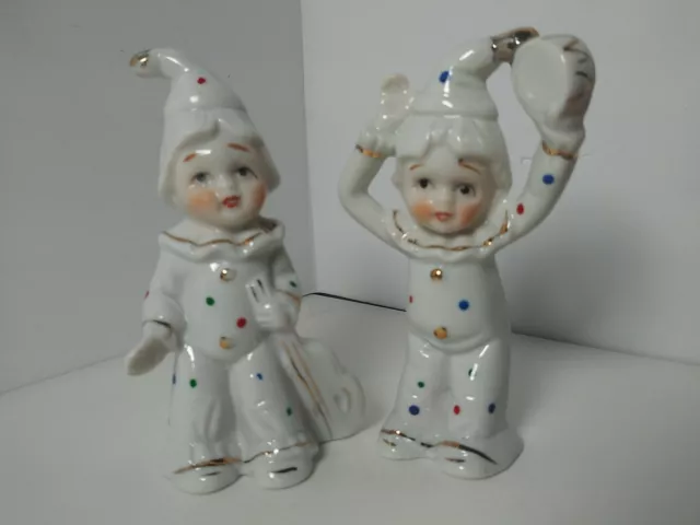 Vintage White Ceramic Boy Clown Figurines Polka Dot Playing Musical Instruments