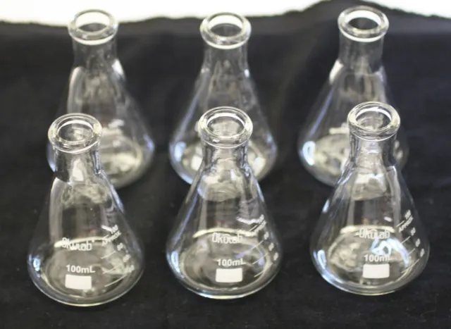 Okulab 6 Erlenmeyer Flasks 100 ml Borosilicate Glass 3.3 Narrow Neck Printed NIB