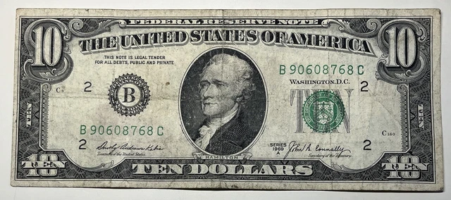 1969 A $10 Ten Dollar Bill Federal Reserve Note  New York Vintage Old Currency