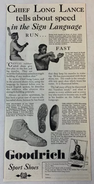 1930 CHIEF LONG LANCE Goodrich Sport Shoes ad ~ Speed And Sign Language