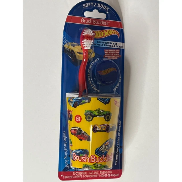 Hot Wheels Toothbrush Set Brush Buddies Cap Rinsing Cup Manual Soft Gift Yellow