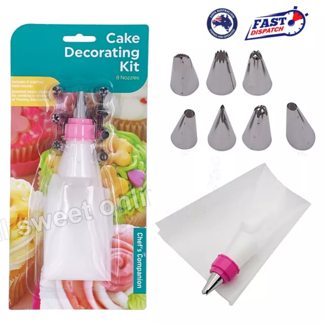 8pcs Nozzle & Pastry Bag Cake Decorating Kit Steel Icing Piping Tips Baking Set