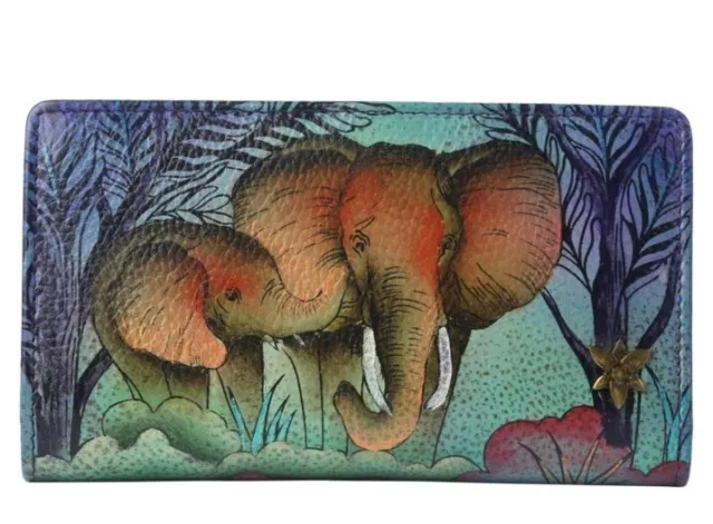 Anuschka Hand-Painted Leather Card Organizer W/ RFID-Elephant Family-NWT