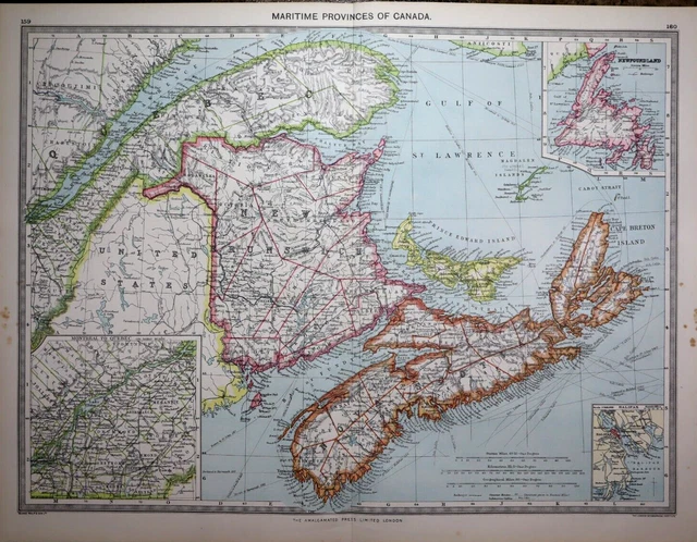 Colorful 1905 Harmsworth Atlas Map ~ MARITIME PROVINCES CANADA ~Free S&H #654