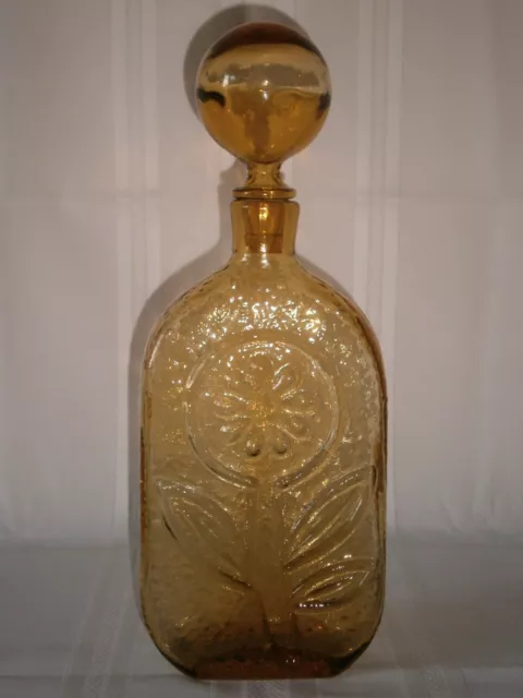 Mid-Century Vintage Empoli Sunflower Amber Glass Genie Bottle w/ Stopper 1960's.