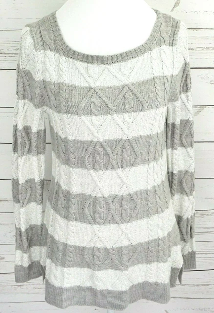 New York & Company Sweater Womens XS Gray Striped Long Sleeve Cable Knit