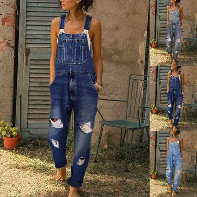Women Fashion Jeans Jumpsuits Baggy Denim Bib Pants Playsuits Full Length  Pinafore Dungaree Overall Loose Causal Trousers