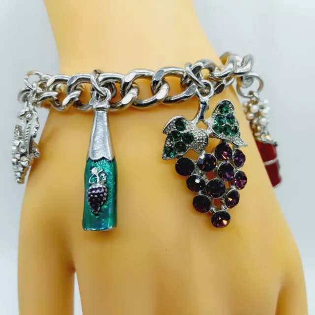 Wine Lovers Charm Bracelet Silver Tone Enamel & Rhinestones Toggle