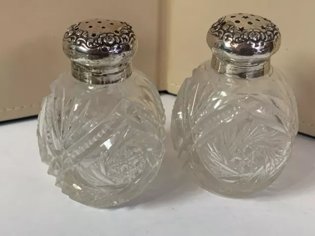 Vintage Mid Century Modern Cut Crystal & Sterling Silver Salt Pepper Shakers 3"