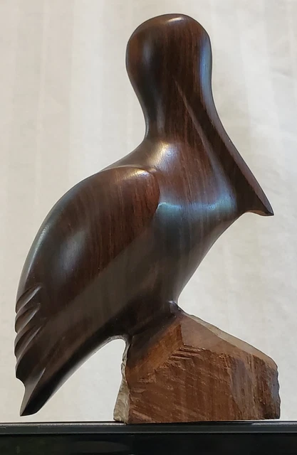 Vintage Hand Carved Polished Dark Brown Wood Pelican Sculpture 4 1/2" tall