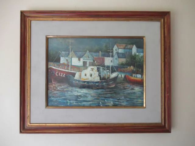 Large Mid Century Maritime Cork? Harbour Boats Oil Painting Framed