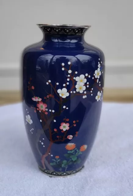 Antique Japanese Cobalt Blue Floral Cloisonne Vase 8.5" Tall Silver Mounts