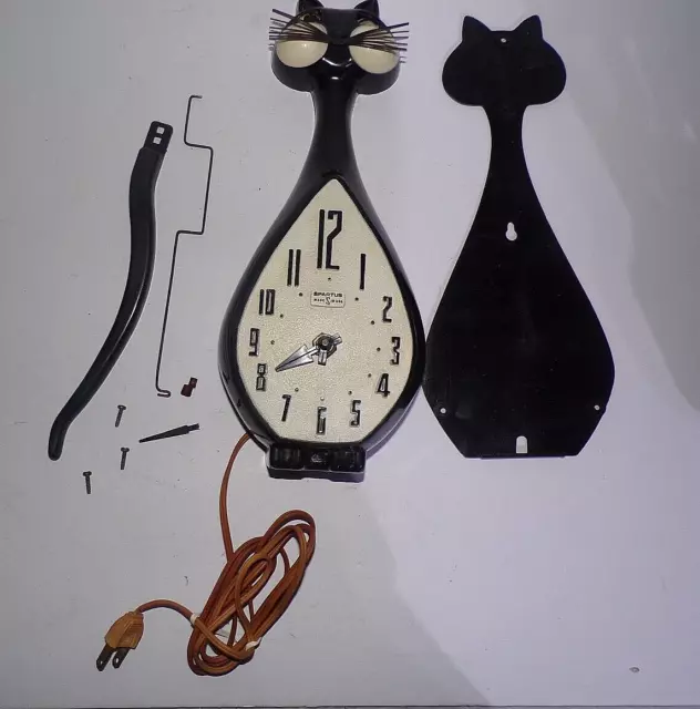 Vintage 1950s SPARTUS Here Kitty Kitty Kitty Black and White Cat Clock for Parts