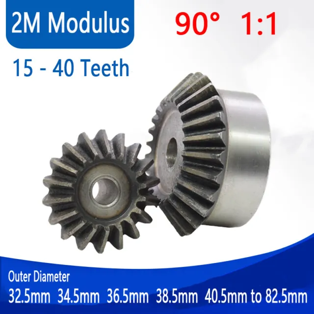 Bevel Gear 2M Modulus 15 - 40 Teeth Transmission 90°1:1 Pairing OD 32.5mm-82.5mm