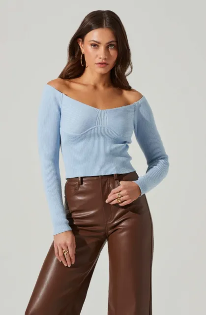 Astr The Label Harlie Off Shoulder Cropped Sweater Womens L Large Blue New