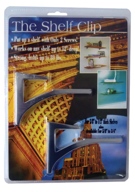 The Shelf Clip for 3/8"-1/2" thick, mounts shelf up to 12" deep with 2 screws