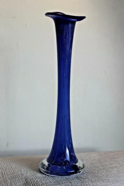 Vintage Tall Blue & speckled White Glass Bud Vase Hand Blown 29 CM Tall