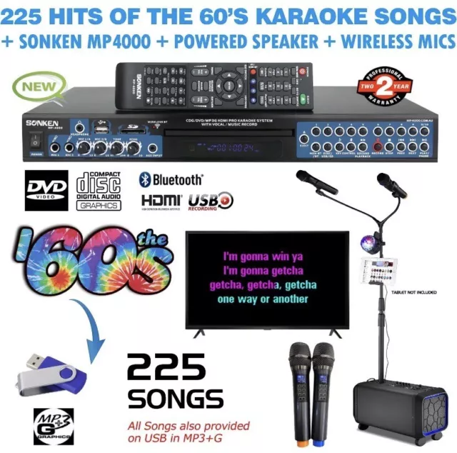 Sonken Pro Mp4000 Karaoke Machine +60’s Pack + Powered Speaker + 2 Wireless Mic