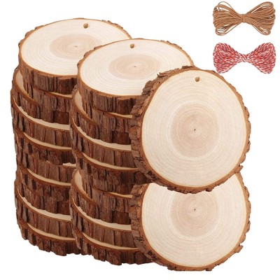 MINGZE Legno 30 Pezzi Diametro 5-6cm Dischi Legno Naturale con Foro con Corda Iuta Adatti per Natale Fai da Te Decorazione di Matrimonio Ornamento di Natalizi 30 