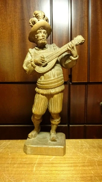 Antique 10" Wood Hand Carved Pirate With Mandolin Medieval Musician Statue Gift