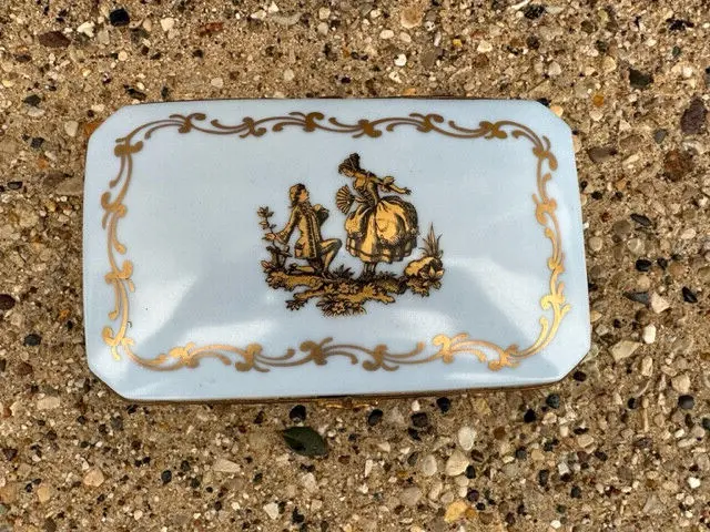 Antique Carlin Comforts Porcelain Treasures Box, Beautiful Blue & Gold!