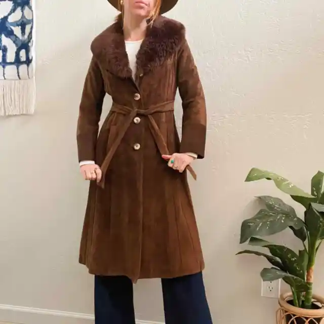 VINTAGE 1970'S BROWN Suede Fur Trim Belted Trench Coat $215.00 - PicClick