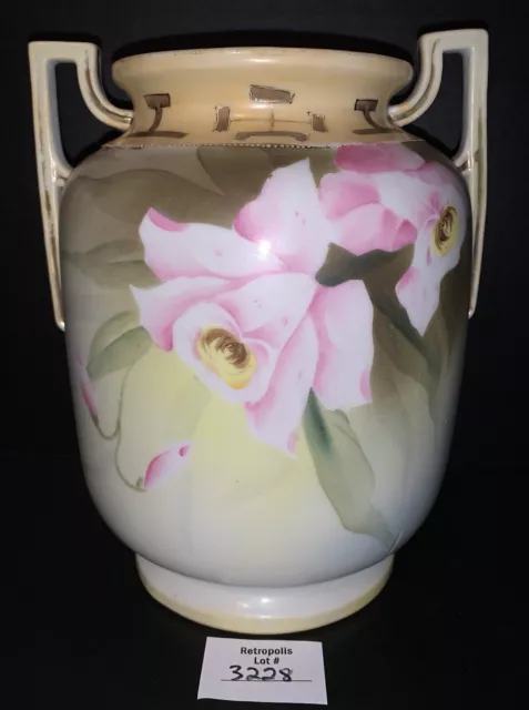 Hand Painted Double Handled Urn Vase Moriage Dots Pink Rose Floral 9” Tall Vtg