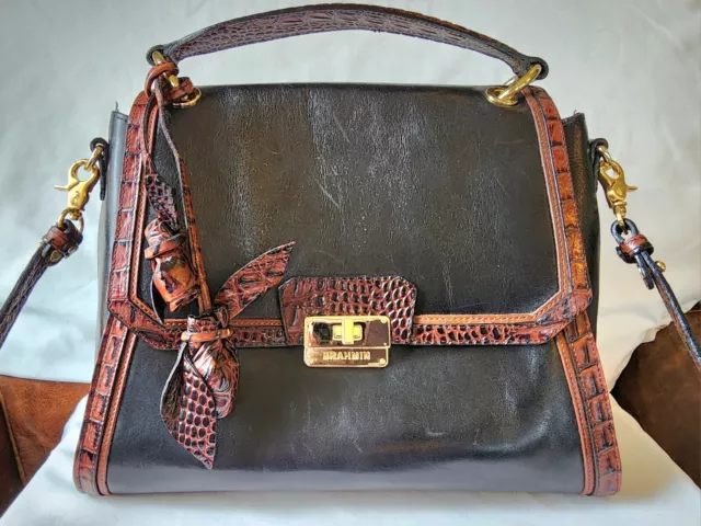 VGUC Brahmin Brinley Satchel in Black & Tuscan Tri-Texture with Tuscan Roses!