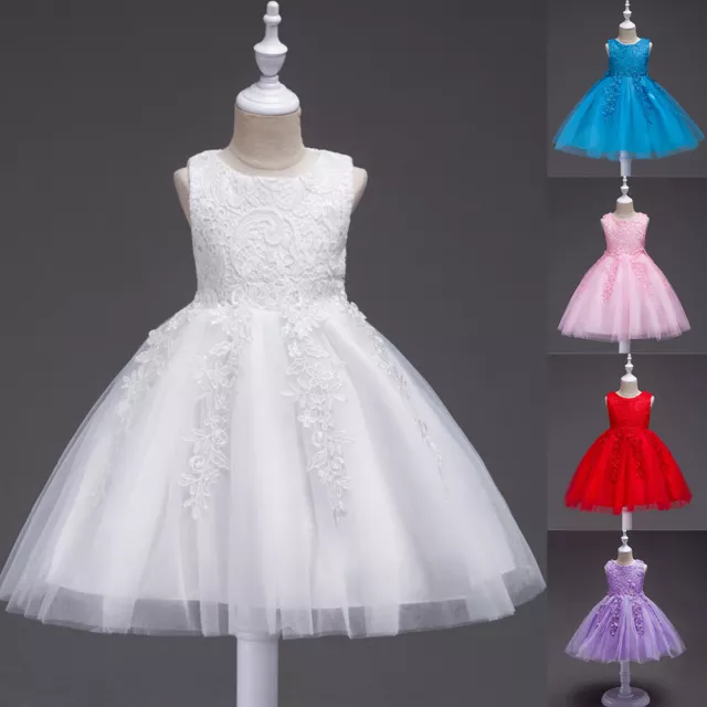 US Baby Girls Bridesmaid Lace Tutu Dress Kids Party Bow Wedding Princess Dresses