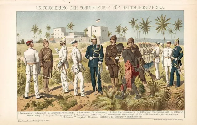 UNIFORM der Schutztruppe DOA Deutsch Ostafrika Kolonien   LITHOGRAPHIE von 1892
