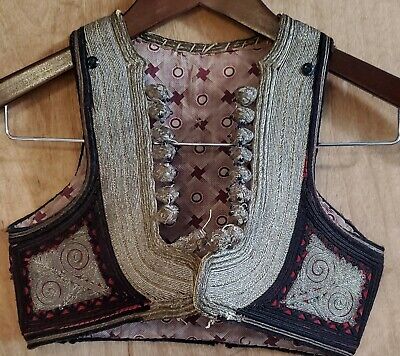 Antique Balkan traditional handmade vest with metallic thread, piping 19c rare