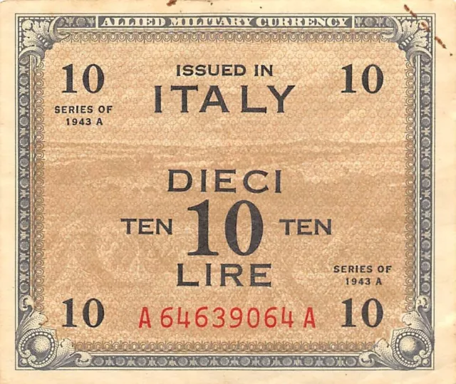 Italy  10  Lire  Series of 1943 A  Block  A  WW II Issue  Circulated Banknote IV