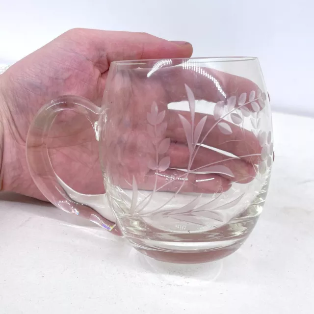 Vintage Clear Glass Handled Tankard Mug With Etched Design Pattern