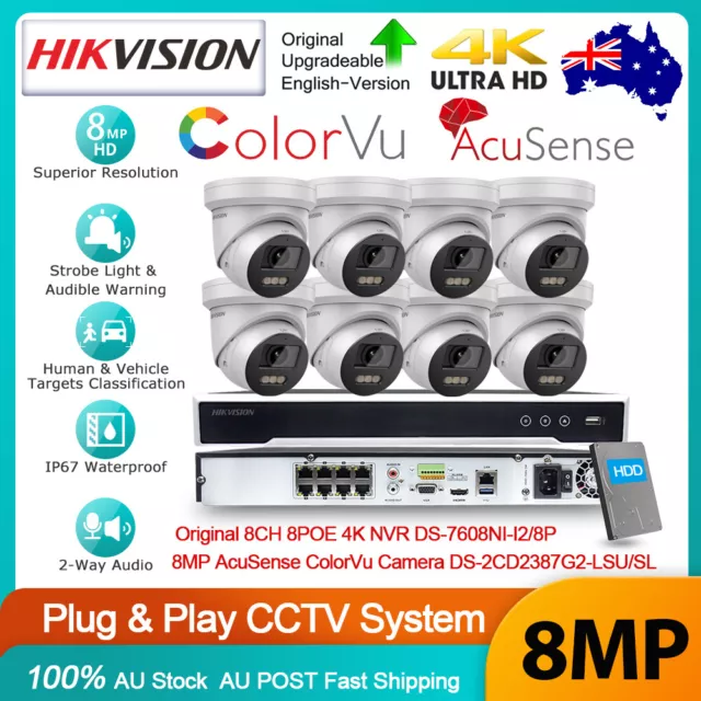 Hikvision 8CH 8MP 2-Way Audio ColorVu 4K Camera System Kit DS-2CD2387G2-LSU/SL