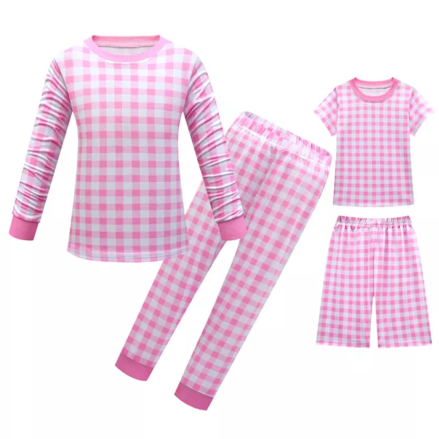 2Pcs Kids Girls Doll Cosplay Costume Pink Plaid Print Long Sleeve Top Pants Set