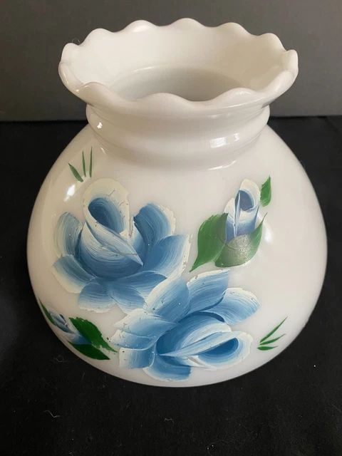 Vintage White Milk Glass Hand Painted Blue & White Flowers Hurricane Lamp Shade
