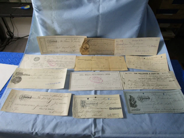BANKING CHECK RECEIPTS  12 PCS  LOT 1 1890s VARIUOS BANKS INTERESTING  VARIETY