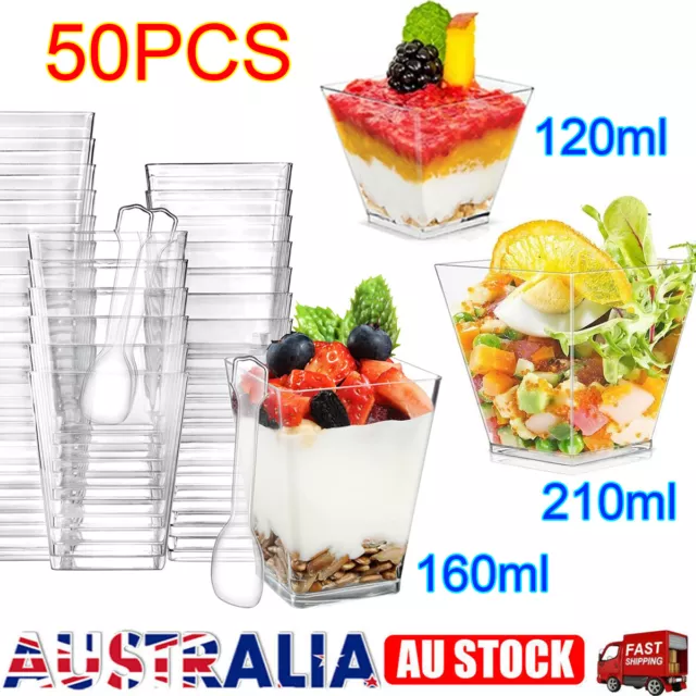 50x Clear Plastic Mousse Cake Dessert Cups Drink Wine Jelly Square Tumbler Party