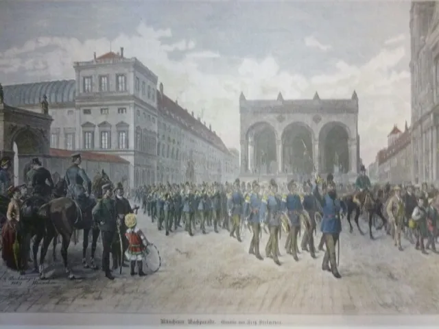 Holzstich Bayern München - Münchener Wachparade. Gemälde von Fritz Birkmeyer.