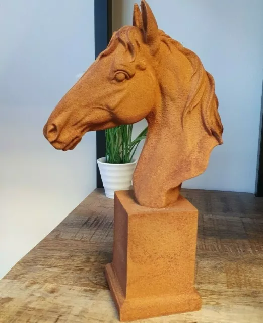 Cast Iron Horse Head Bust on Plinth Aged Metal