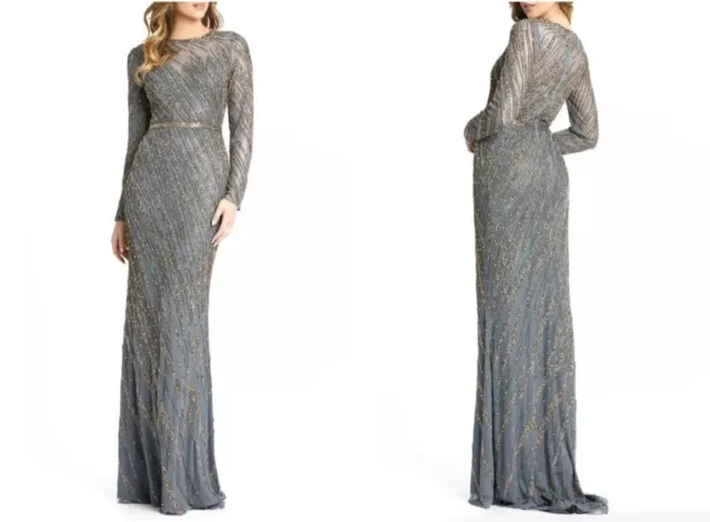 Mac Duggal 5240 Beaded Illusion Neck Long Sleeve Maxi Gown - size 16 - Platinum