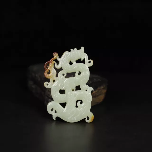 Certified Chinese Natural Hetian Jade Hand-carved Dragon Phoenix Pendant 15257