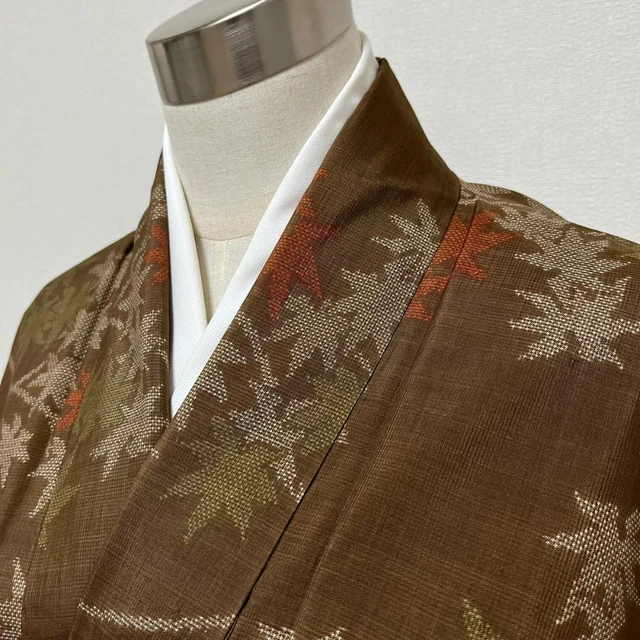 Japanese Kimono Oshima Tsumugi Pongee 160.5cm Maple Pattern Brown