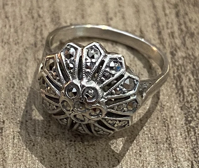 Bague Ancienne En Argent Massif Avec Marcassites - Taille 56, Poids 17g - Occasion