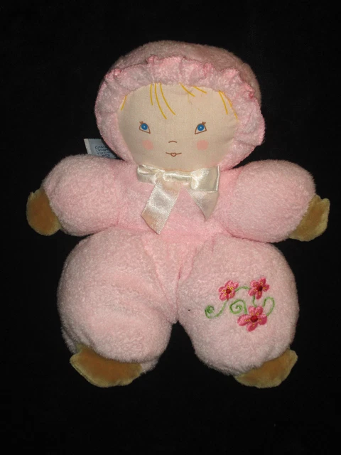 Doudou Peluche hochet grelot Poupée Fille rose marron fleurs brodées Ajena 22 cm