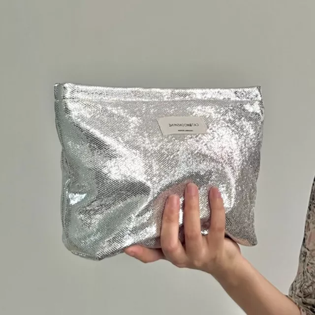 Silver Makeup Bag Shiny Sequins Toiletries Skincare Storage Bag  Travel