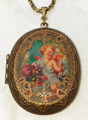 Michal Negrin Large Locket Necklace Cherub Angel Pendant Victorian Boho Keepsake
