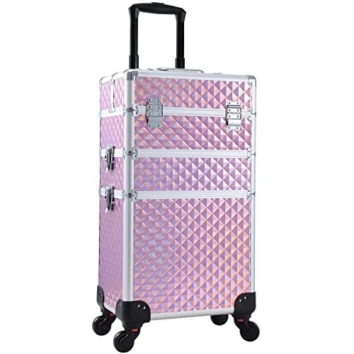 3 in 1 Professional Rolling Makeup Train Case Aluminum Trolley Case with 360°