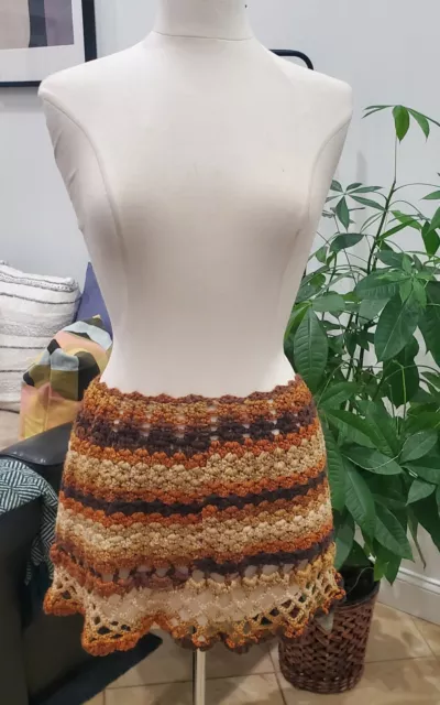 Hand Crafted Crochet Brown Toned Hippie Bohemian Mini Skirt Sz S/M