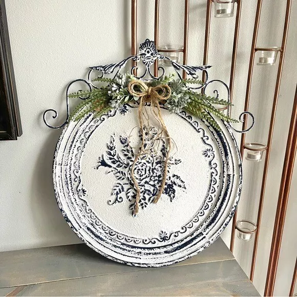 Eclectic Revival Upcycled Large Wrought Iron Wall Hanging White Twine Greenery